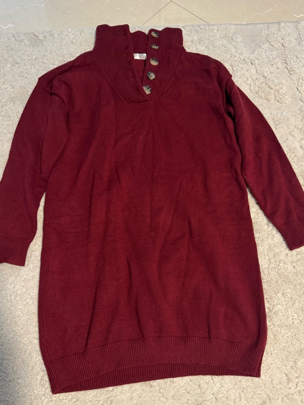 Cozy Button-Collar Burgundy Knit Turtleneck Sweater Dress
